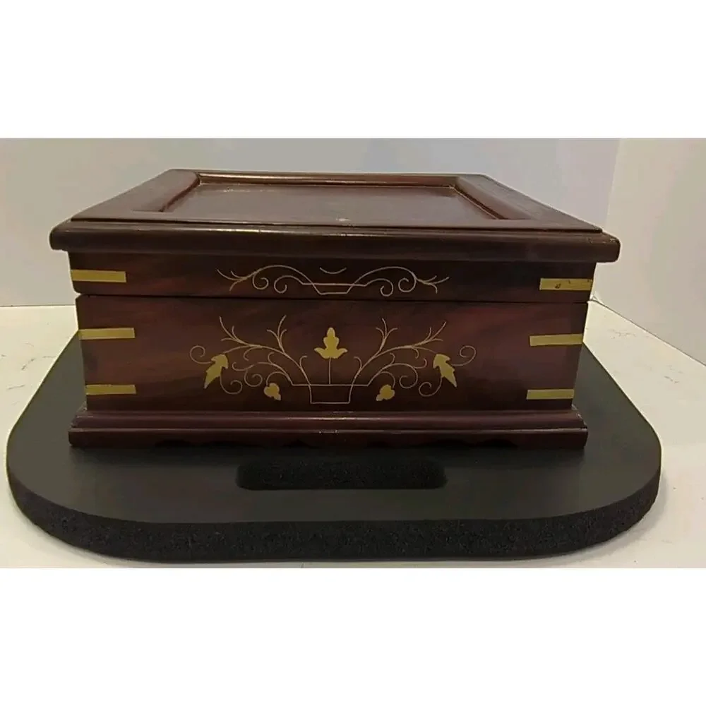 Large Vintage Inlaid Wood Jewelry Chest 10x10 Two-Tier Heart Mirror 9-Comp